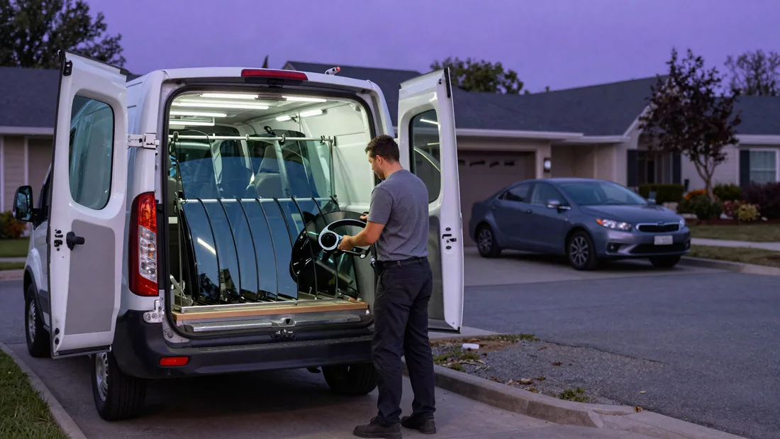 Technician lifting a curved piece of auto glass out of the rack inside the G & M mobile van, parked in a customer driveway