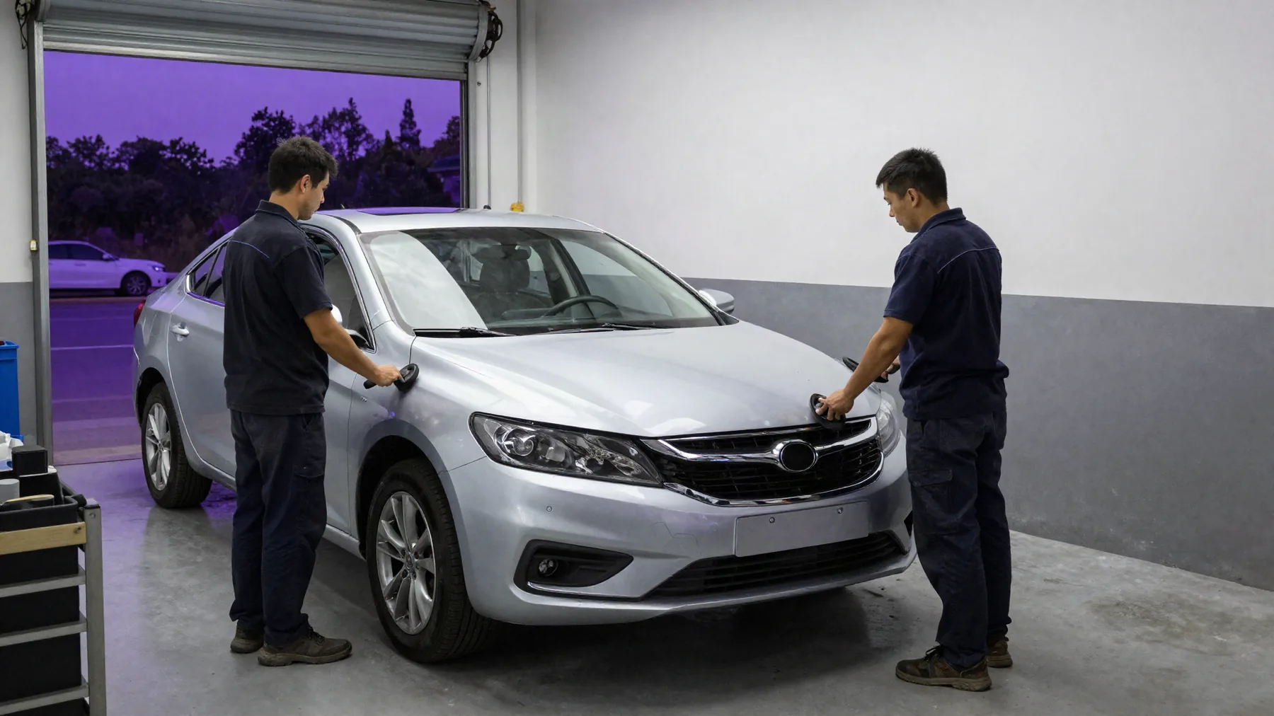 Two G & M technicians working on the glass of a silver sedan inside the Yonkers shop bay, roll-up door open to the street