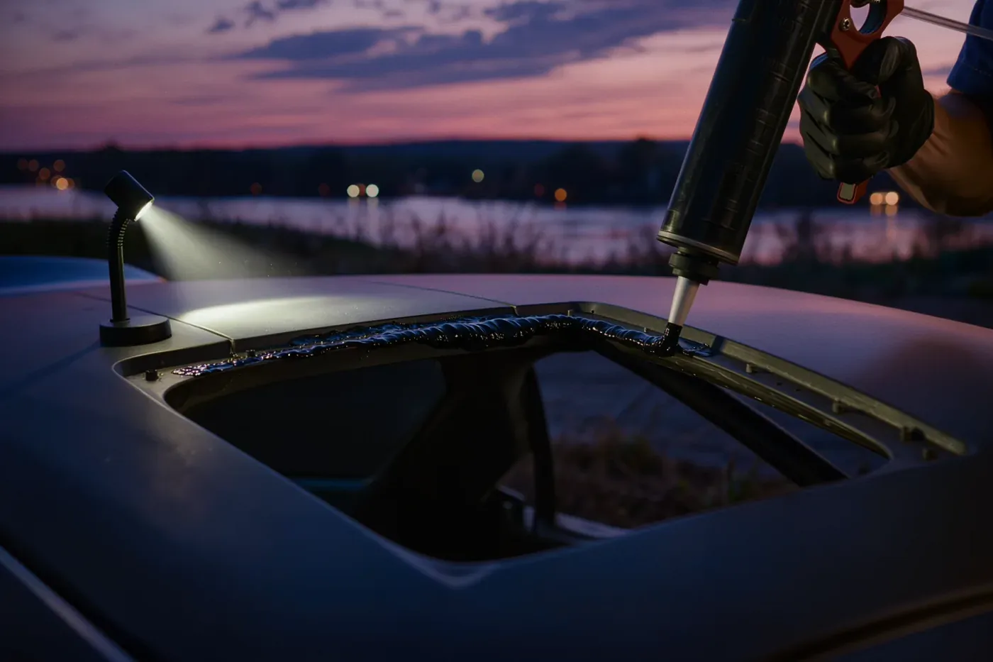 A gloved hand running a fresh bead of black urethane around the glass opening on a car roof before new glass is set